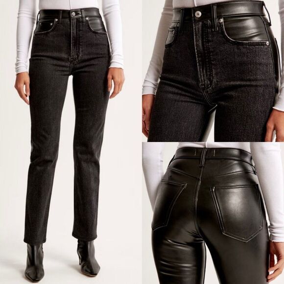 Abercrombie & Fitch Mixed Fabric Ankle Straight Ultra High Rise Black Jean 24/00 - Picture 1 of 9